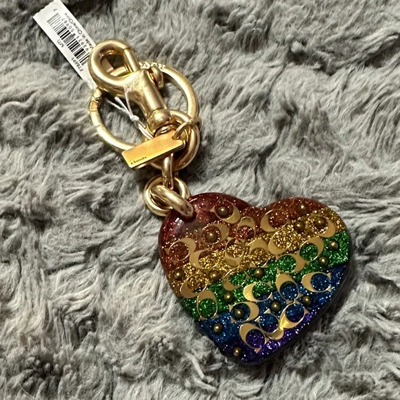 Coach Rainbow Glitter Heart Keychain with Gold Hardware - Picture 7 of 9